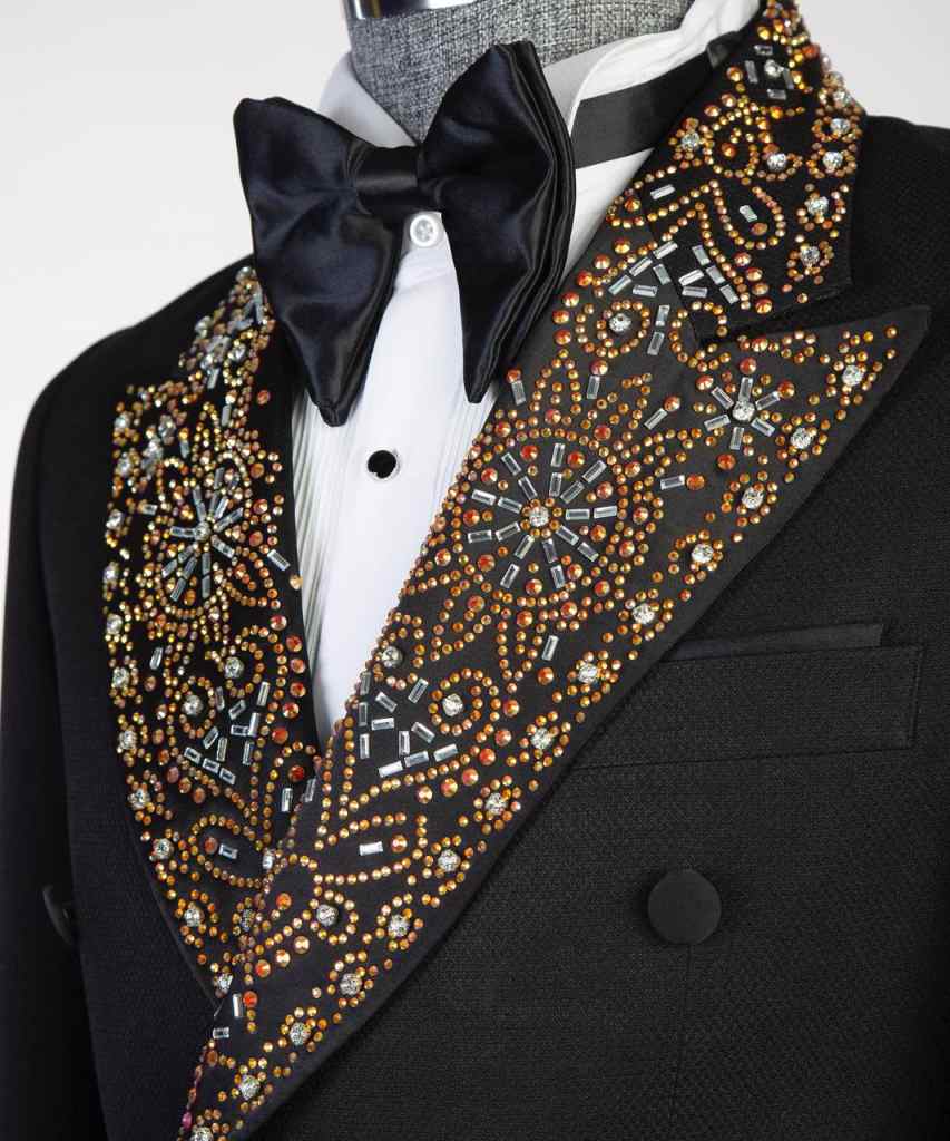 Shiny 2 Pieces Crystals Men Suits Blazer Pants Double Breasted Peaked Lapel Classic Fit Formal Prom Wedding Groom Customized