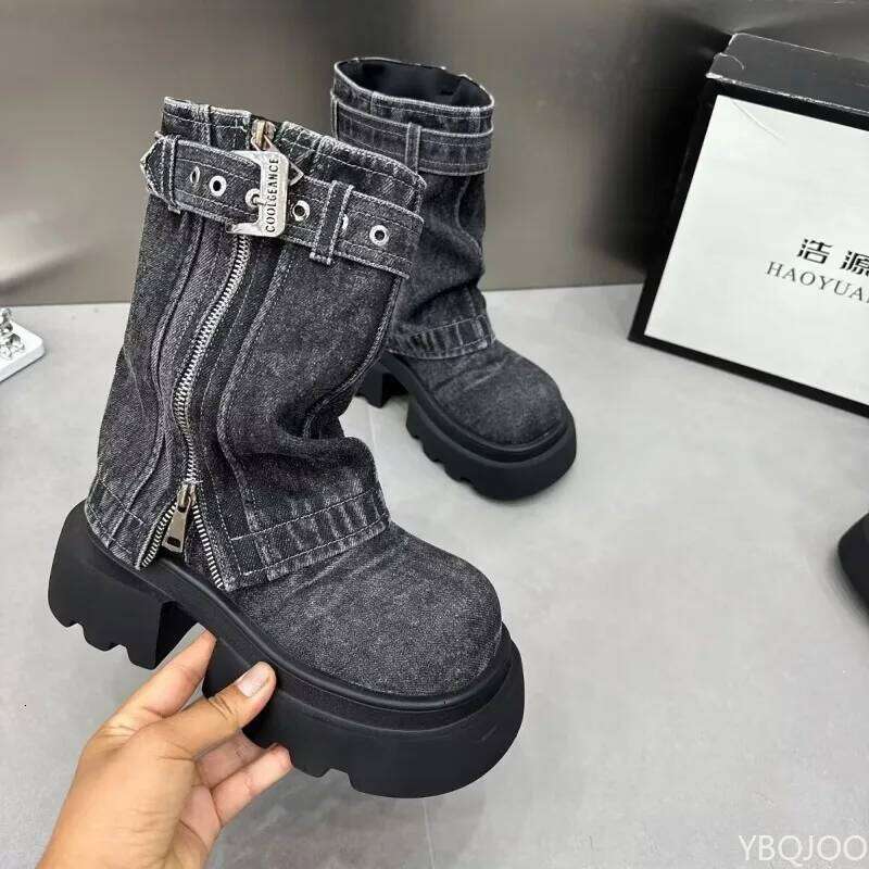 Spring and Autumn Fashion New Denim Thick Bottom Tall Short Belt Buckle Zipper Fake Two Piece Pants Women's Boots
