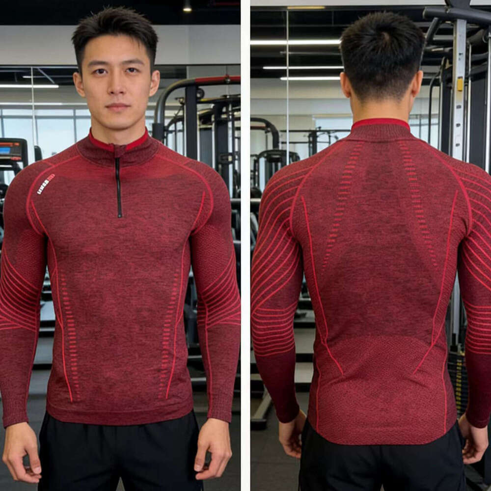 Elastic, quick-drying, seamless jacquard, figure-flattering fitness shirt, sports long-sleeve, breathable, slim-fit, casual half-zip training shirt fo