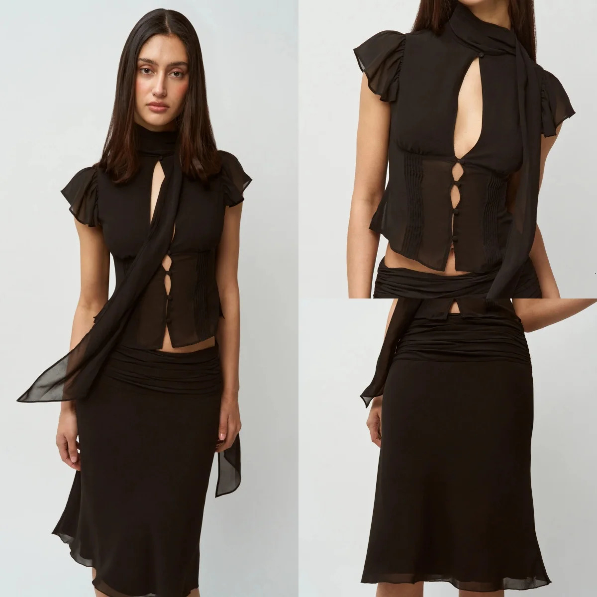 Guiz Black Ribbon Sexy Top Slightly See-Through Skin-Friendly Material Mid-Length Skirt Set Chiffon French Light Top Sweet Girl Party Set Knee-Length 