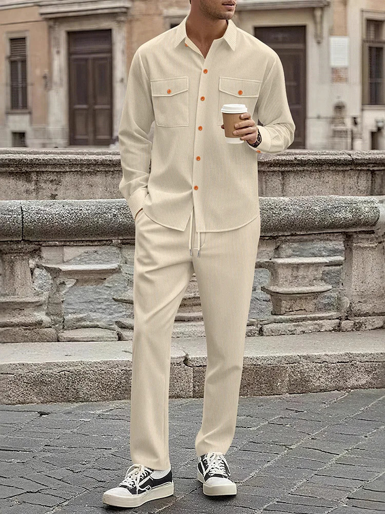 Cross border winter mens European and American corduroy casual suit workwear style long sleeved shirt long pants two-piece 260227