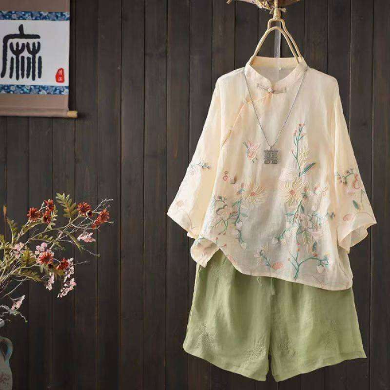 Mardi Hefxessdr Sve Embroidered Cotton Linen irt Thin Spring Autumn Women's Traditional Chinese Sle Zen Tea Ceremony Top Chinese style shirt wome