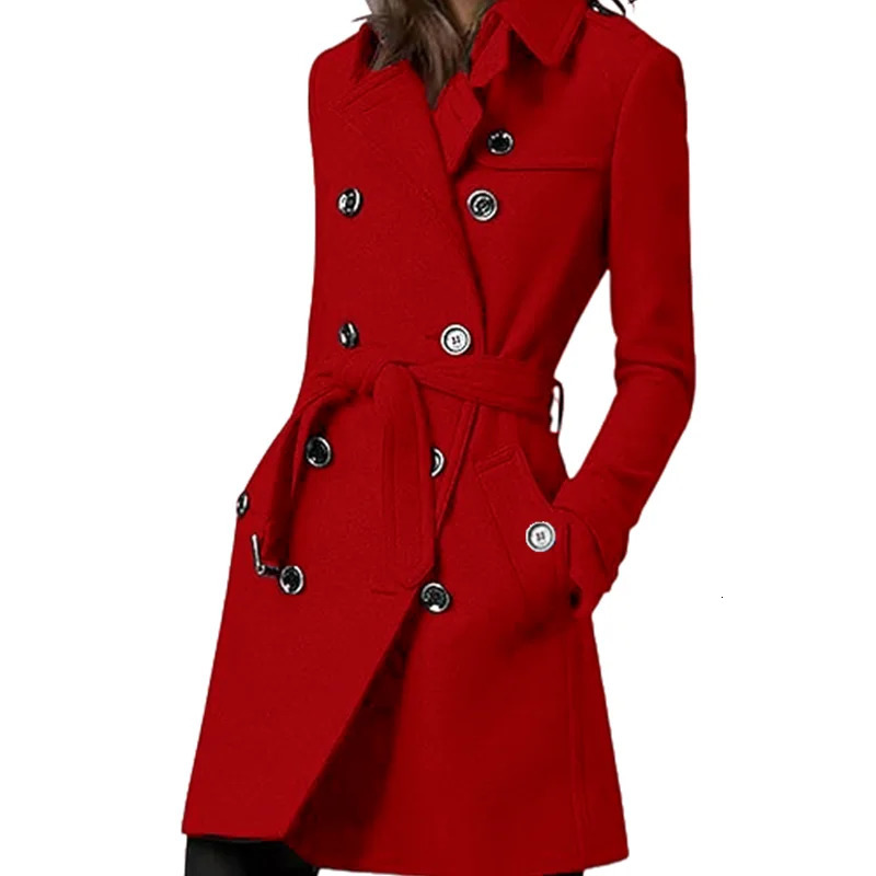 Womens Trench Coat Wool Blends Double Breasted Lining Jacket Belt Shoulder Badge Casual Coats Streetwear Clothing 260228