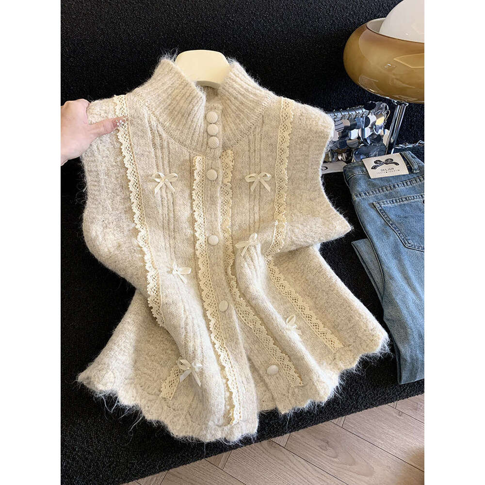 Lace Trimmed Half-High Collar Knit Vest for Women, Designer Spring Layered Soft Sleeveless Waistcoat, Trendy A10322