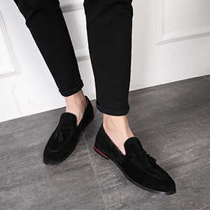 Men's Black Suede Tassel Loafers Slip-On Casual Dress Shoes Comfortable Low Heel Walking Shoes