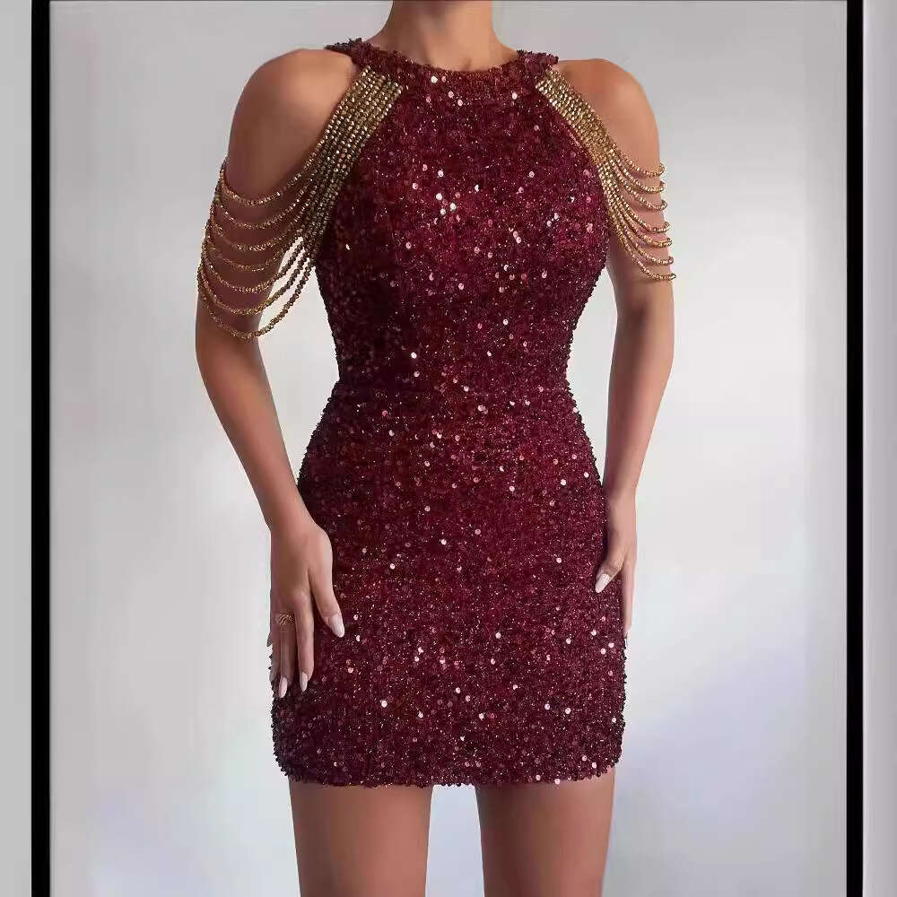 2026 Spring/Summer New Fashion Halter Neck Sexy Crystal Chain Bodycon Sequin European and American Mid-Waist Evening Dress