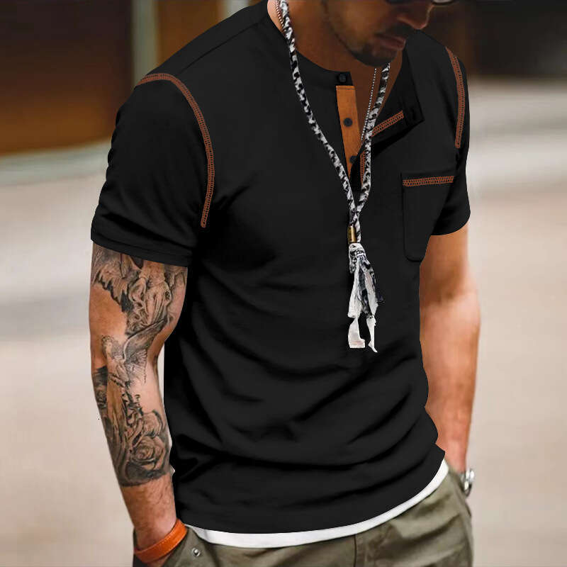 2025 European and American Cross-Border Short Sleeve Summer Foreign Trade Men's Henley Shirt Amazon Color Block T-Shirt Wholesale for Men