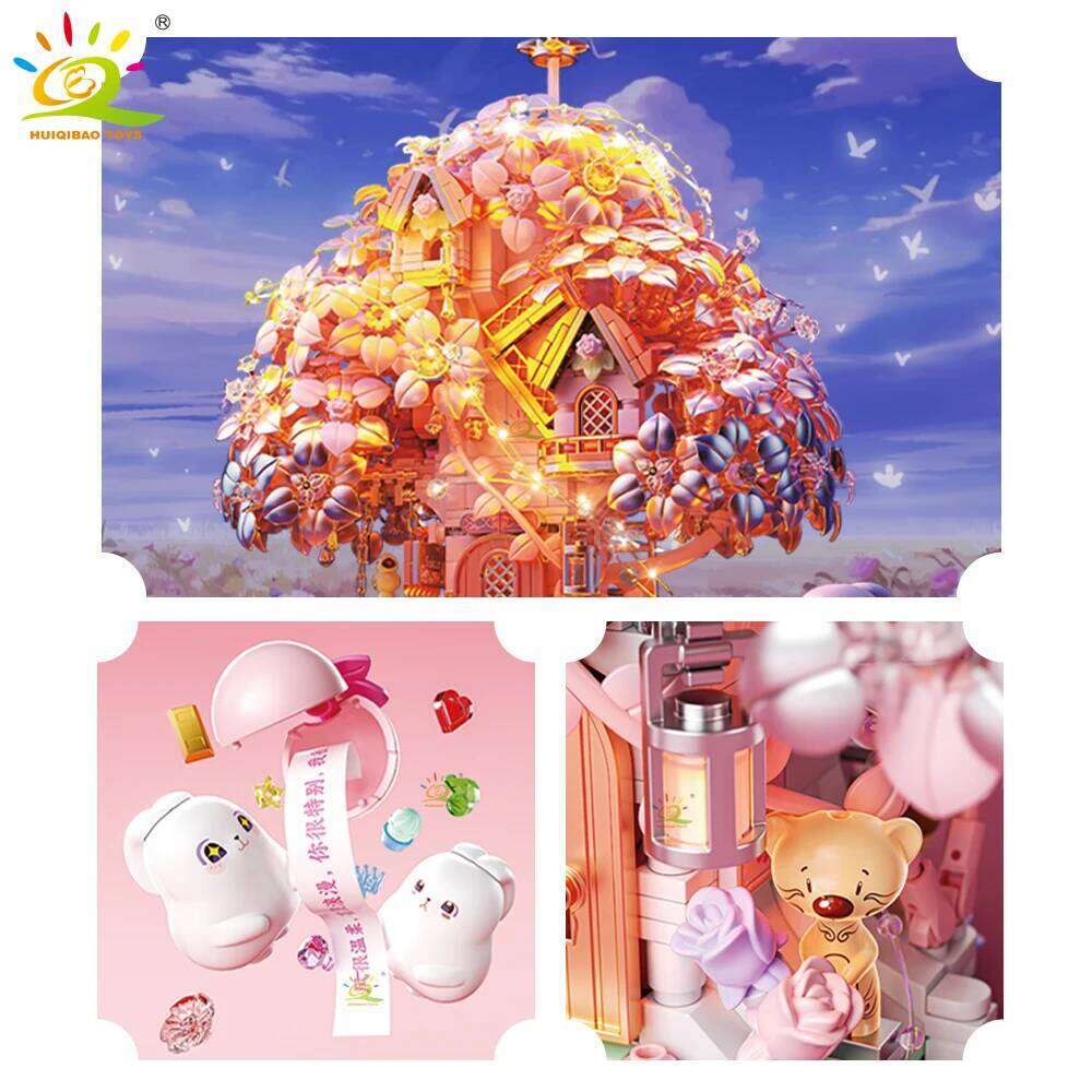 HUIQIBAO DIY Discoloration Cherry Blossom MOC Flower Pink Tree House Building Blocks Classic Model Bricks Sets Kid Romantic Gift Z260306