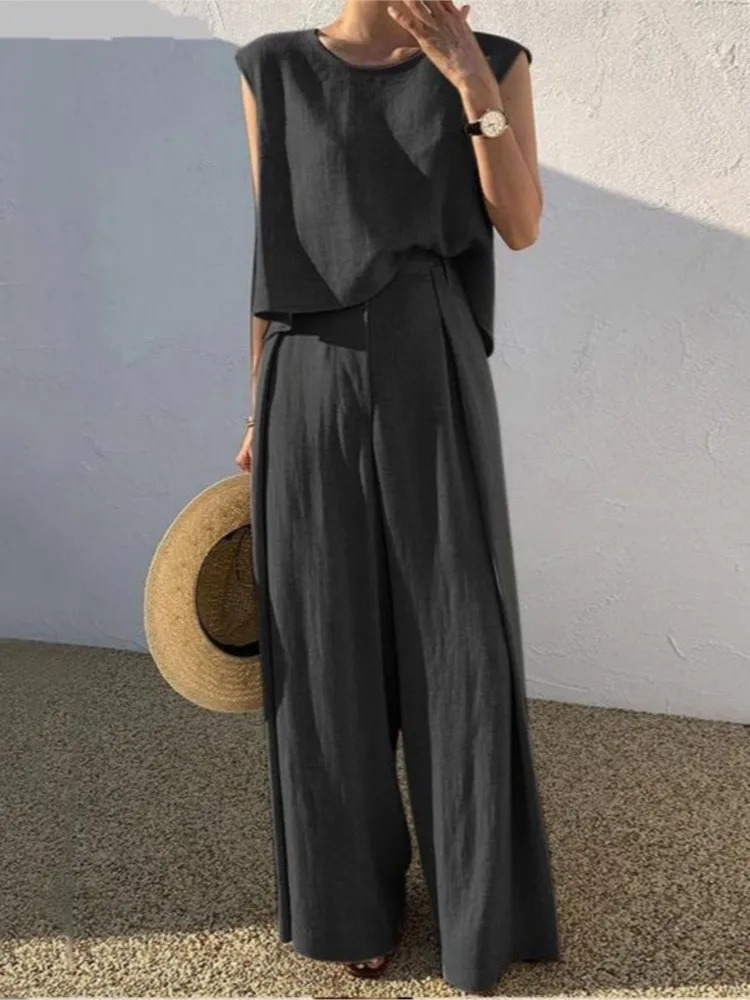 Cotton Linen Fashion Round Neck Sleeveless Vest Wide Leg Pants Two-piece Set Casual Loose Womens Set Style 260305