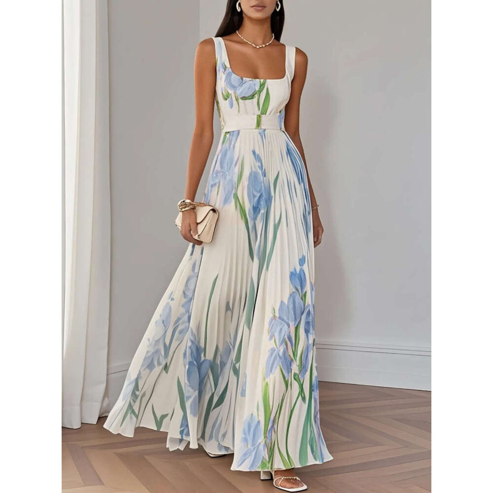 Women's Elegant Summer Maxi Dress Floral Digital Print Pleated Flowy Beach Vacation Party Dress 2026 New Fashion