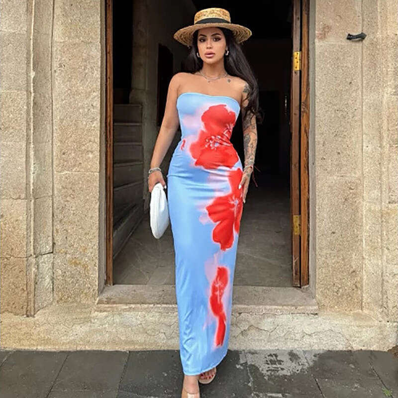 Cross-Border Women's Fashion European and American INS Sexy Style Slim Fit Printed Tube Top Split Bodycon Long Dress Factory Wholesale