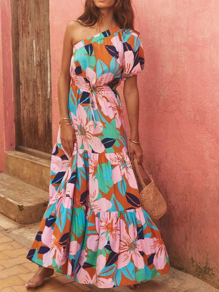 Ladies Slanted Neck High Waisted Bohemian Dress Summer Pattern Print Beach Long Dress Asymmetrical Lace Up Loose Casual Dresses X260306