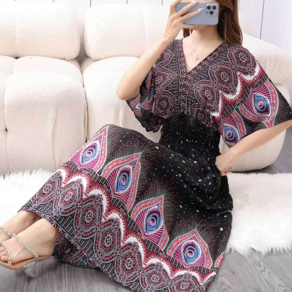 Autumn Chic Sweet Casual Countryside Print V-Neck Batwing Short Sleeve Midi Holiday Dress Fashion women dress