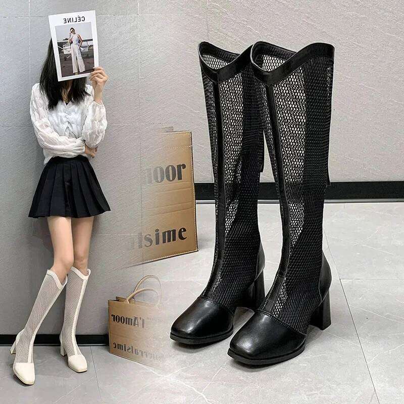 Chunky Long Female 2025 Summer Mesh Hollow White Pointed Head Tube High Heel Sandal Boots Versatile Shoes