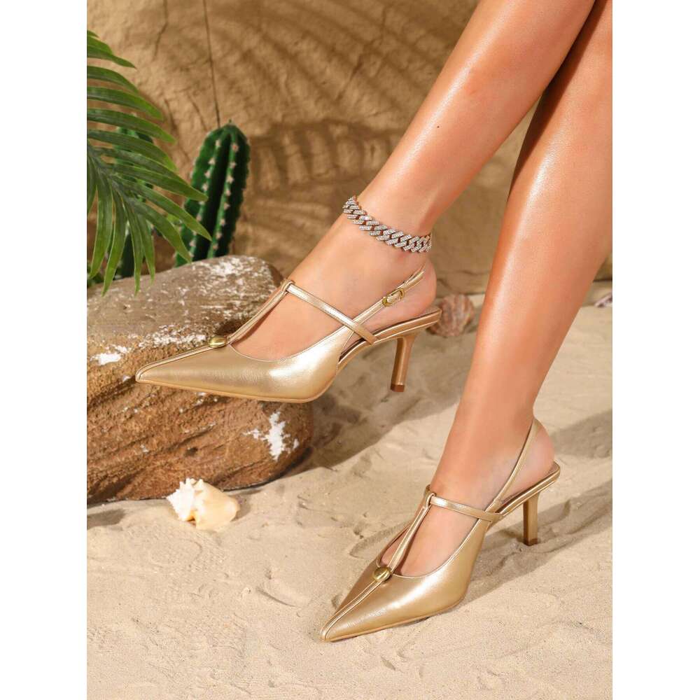 Women's Pointed Toe Slingback Stiletto Heels with Gold Buckle,Trendy Fashion Footwear, Classic Elegant Shoes