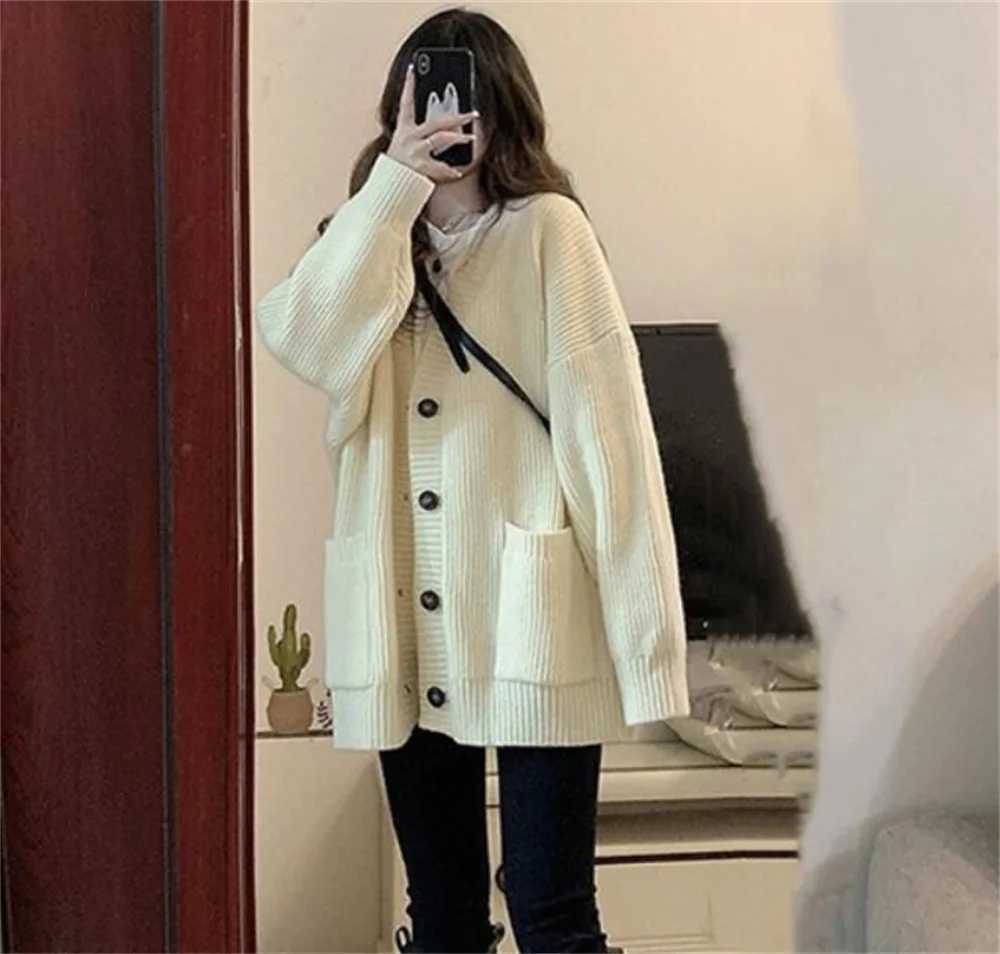 Gray Knitting Cardigans Women Autumn Winter Thicken Warm Loose Sweater Coats Female Korean Oversized Buttons Cardigan ZY8645 M260306