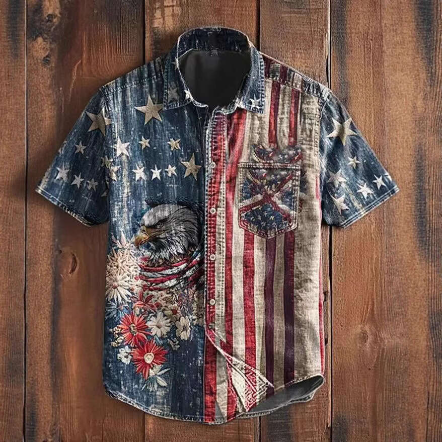 Cross-border vintage casual printed short-sleeve men's shirt