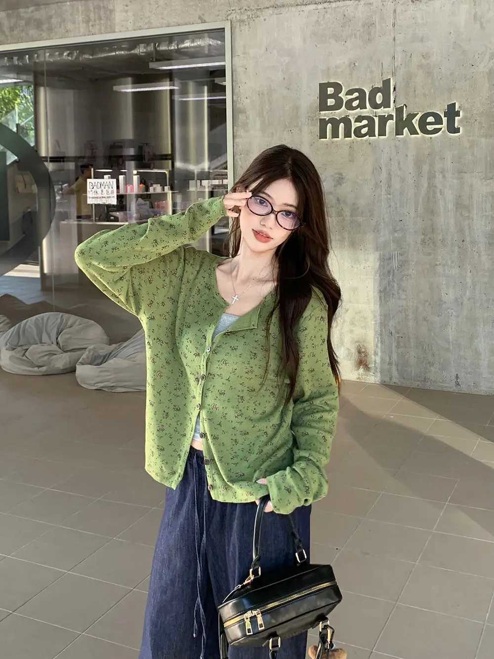 Lazy Style Sweet and Spicy Round Neck Green Floral Fresh Knit Cardigan Sweater Jacket Womens Outerwear Long Sleeved Top M260306