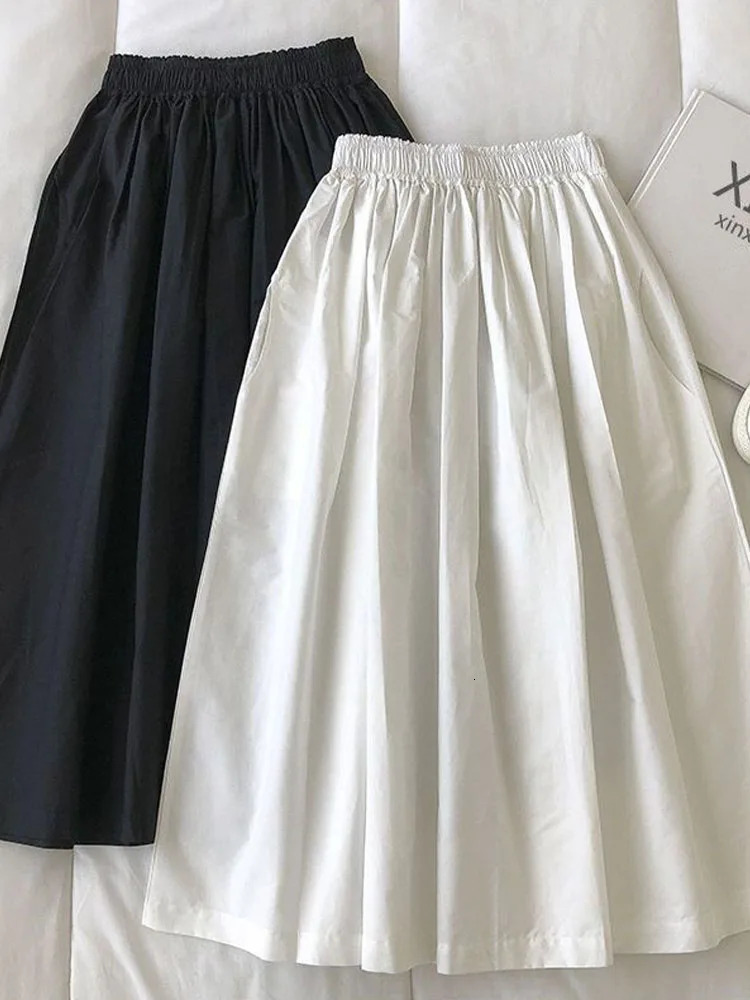 Women White Long Skirt Fashion Pockets Pleated Knee Length Skirts Autumn Casual Elegant High Waist A Line Femme Skirts 260306