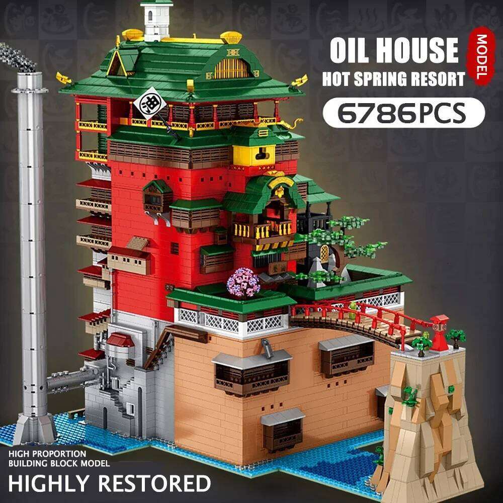 6786PCS City Oil House Soup Hot Springs Hall Hotel Model Bricks Sets Creative Scene Building Blocks Toys Kids Gifts MOC Z260306