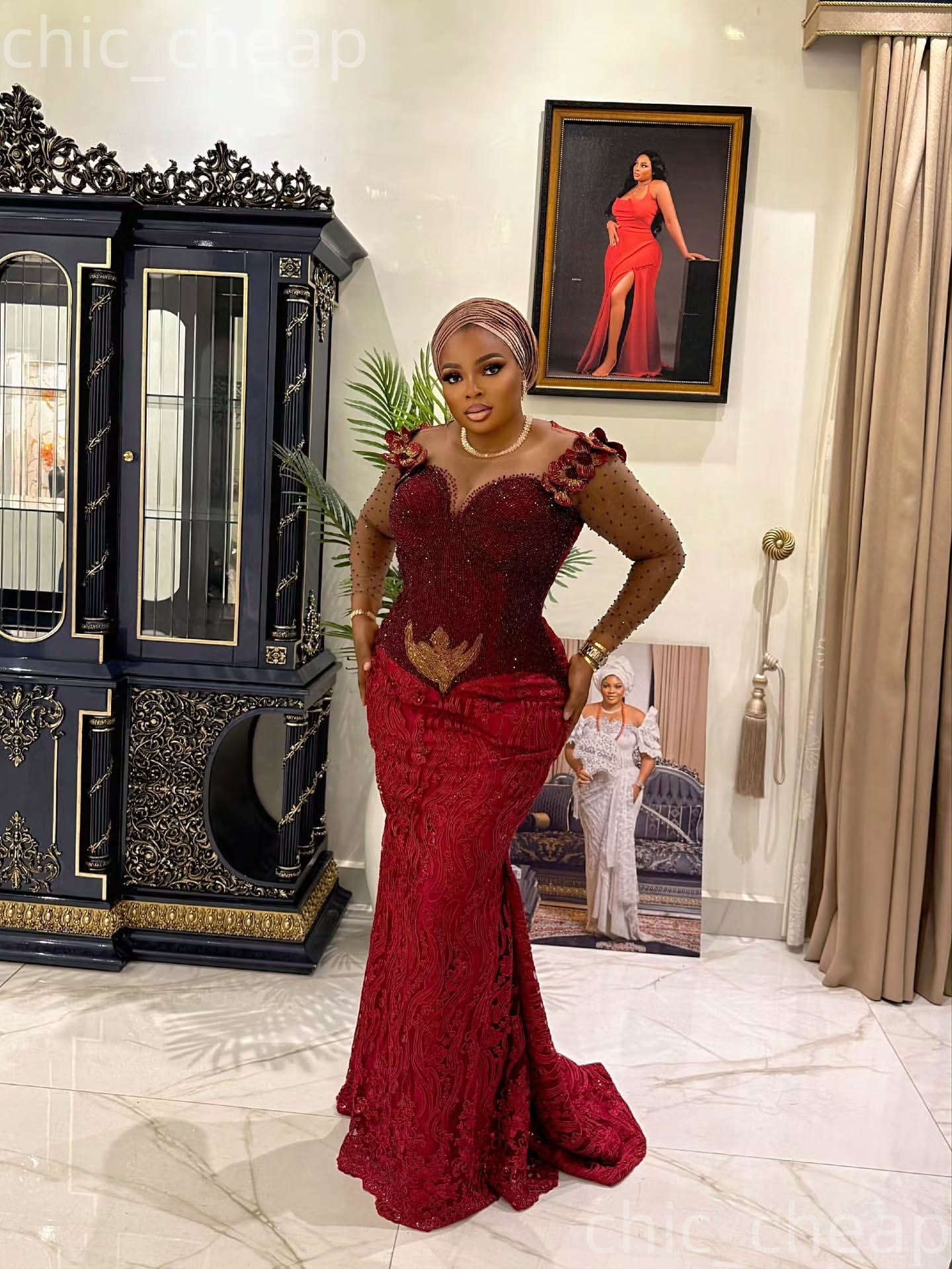 Aso Ebi Dark Red Prom Dress 2026 Mermaid Prom Dress Beaded Flowers Sheer Neck Evening Dresses For Black Women Birthday Party Formal Receiption Gowns D