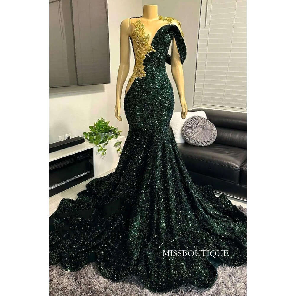 Emerld Green Sequins Mermaid Dresses Sheer Mesh Topgold Lace Appliques Beaded Ruffles Sweep Train Formal Prom Dress Party Gowns Bc18835 0312 D0306
