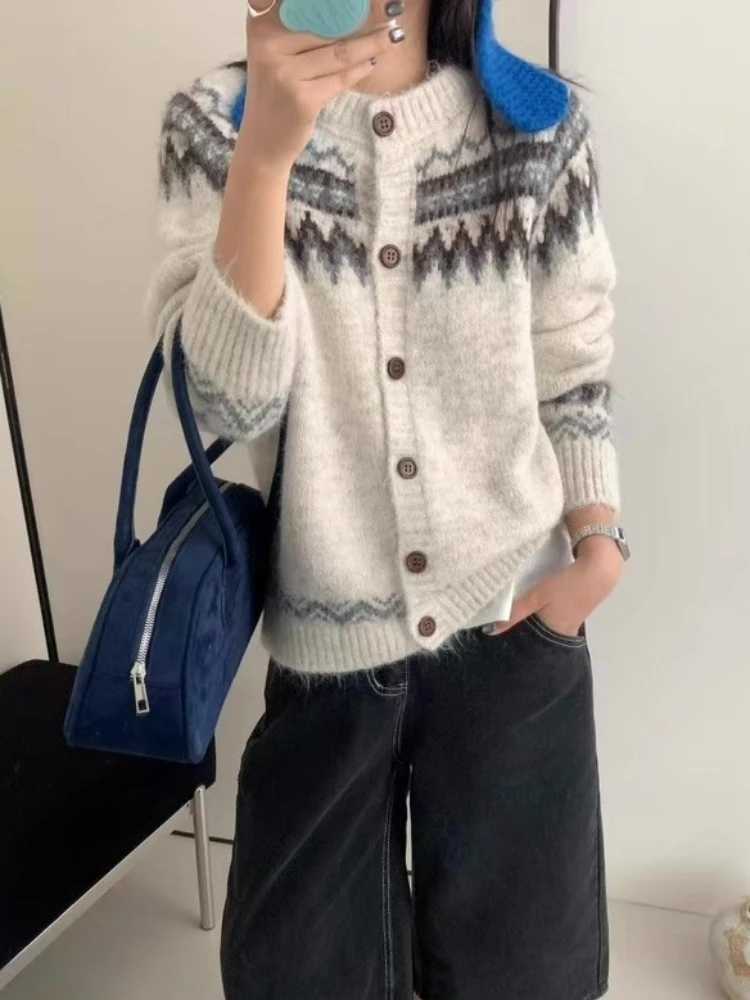 Autumn Winter New Fashion Knitted Women Cardigan Retro Jacquard Long Sleeve Sweater Casual Loose Knit O-neck Single-Breasted Top M260306