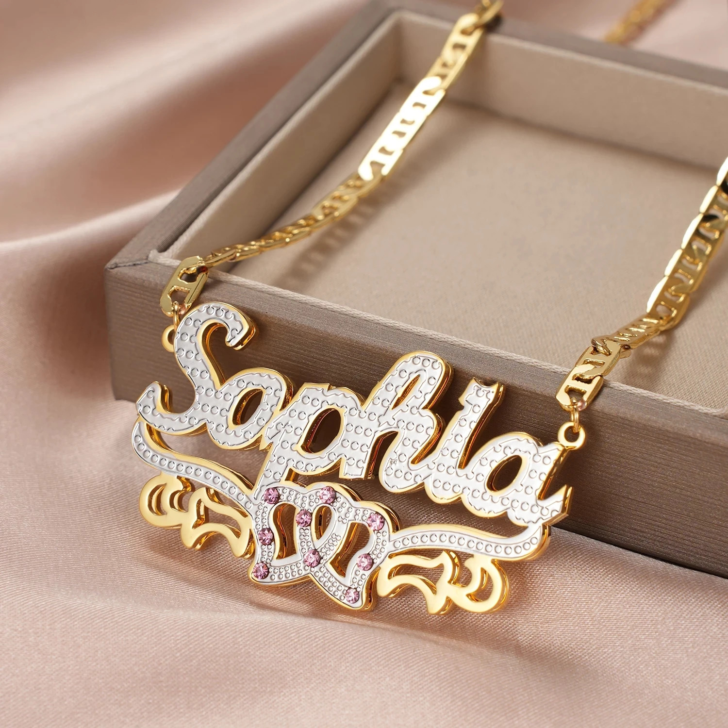 Dascusto Personalized Nameplate Name Necklace Custom 3D 18KGold Plated Double Diamond Choker Pendant Two-Tone Chain For Women 260302