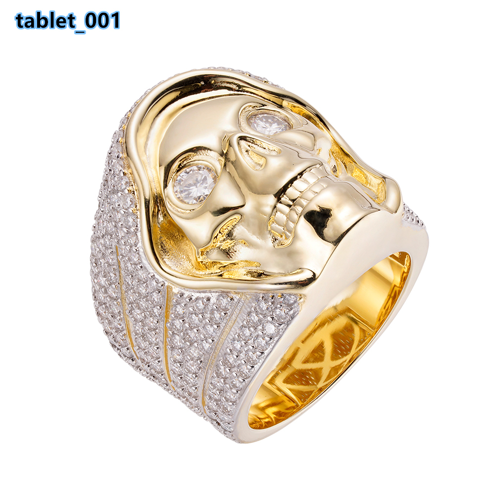 Hip Hop Personality Jewelry Retro 14K Gold Plated Iced Out Moissanite Diamond 925 Silver Skeleton Ring for Men