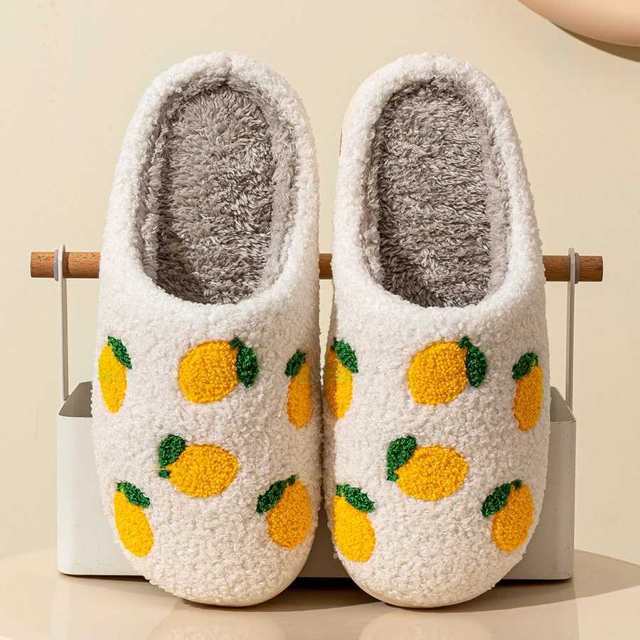 Lemon Embroidered Pattern Leisure Cute Home Womens Slippers Simple Winter Indoor Soft Sole Warm Bedroom Plush Shoes Comfy Fruit S260305