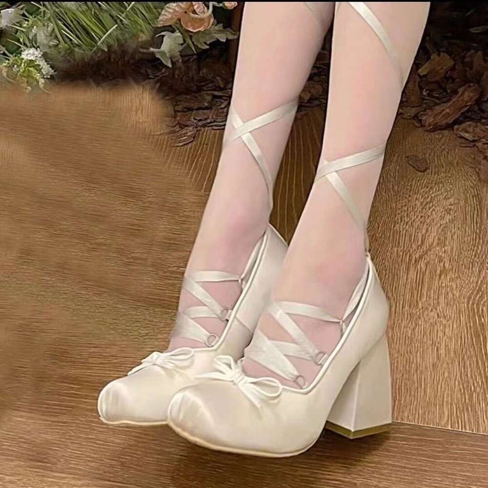 Pink Cross Strap High Heels Chunky Heel Girl Ballet Style Outdoor Elegant Satin Lolita Shoes Women