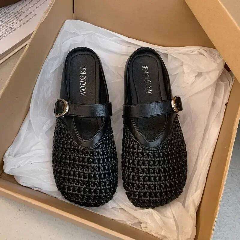 2025 New Baotou Half Slippers Mesh Hollow Breathable Comfortable Soft Bottom Women's Casual Sandals Woven Flat Shoes