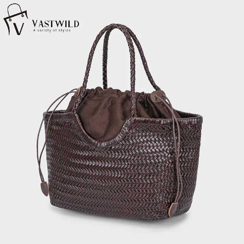 Handbags Womens Genuine Leather Shoulder Bag Weaving Casual Shopping Bag Vintage Big Tote Purse Cowhide Cross Hand Bags Lady H260306