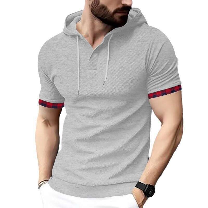 Men's Plaid Cuff Spliced Hooded T-shirt Casual Henley Neck Short Sleeve Tee Top