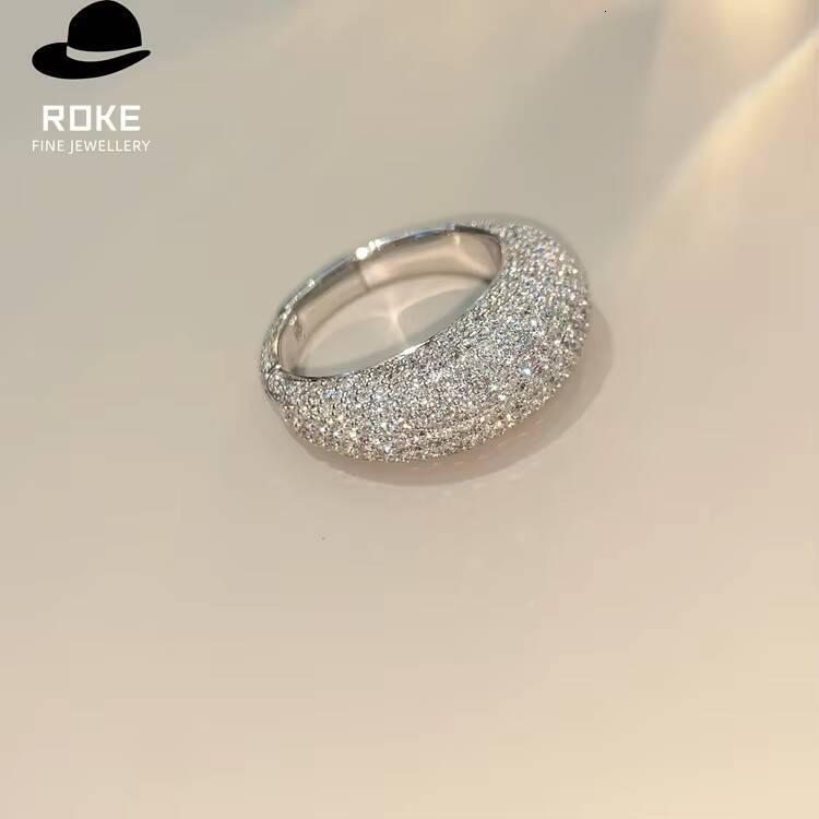 Luxury Wide-band Ladies Ring Pav-set with Lab-grown Round-cut Diamonds 9-18K White Gold Party Ring