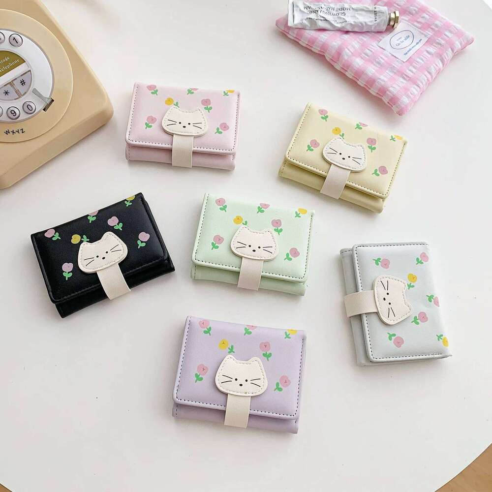 New Cute Cats Tulip Brief Three-fold Coin Women's Advanced Money Clip Purse Everyday go Shopping Use Gifts C260304