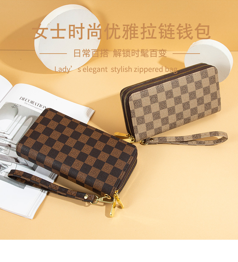 2026 Luxury Handbag Wallet Women New Retro Trendy Printed Checkerboard Large Capacity Clutch Double Zipper Phone Bag