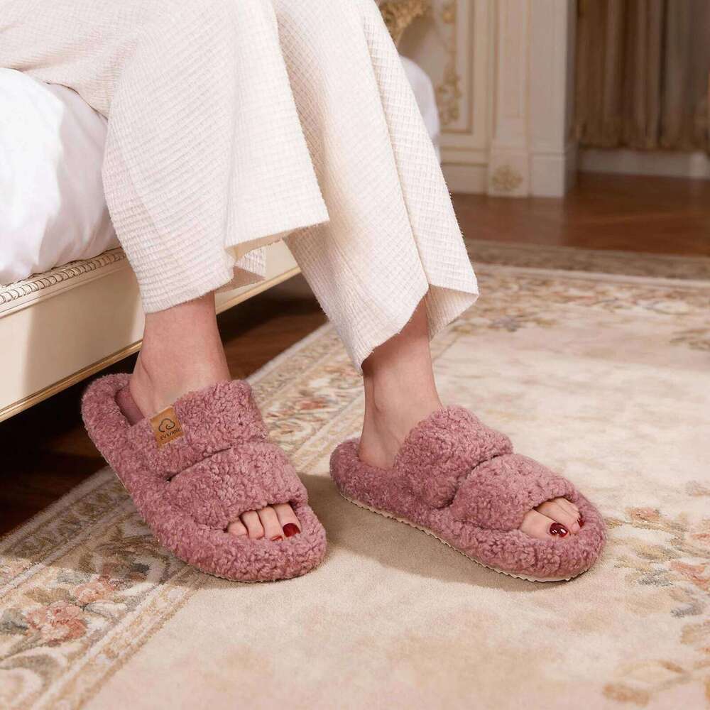 Litfun Winter Fluffy Anti-slip Open-toe Soft Sole Indoor Slides Furry Warm Cozy Bedroom Women's Slippers