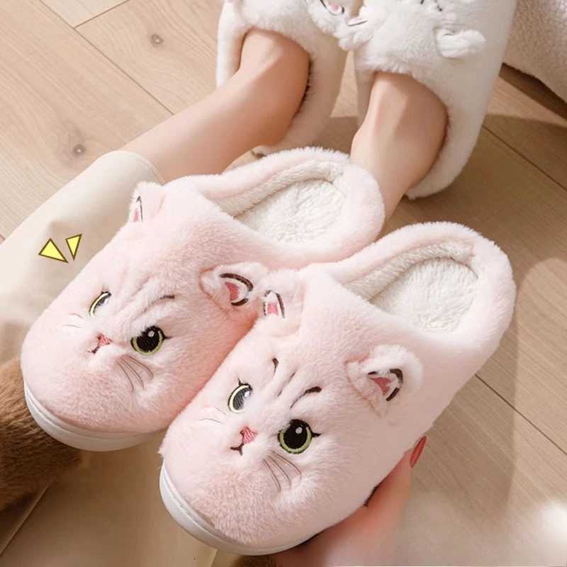 2026 New Winter Home Slippers Women Shoes Cute Cartoon Cat Slippers Men Warm Plush Slides Indoor Bedroom Non-Slip Floor Slipper S260305