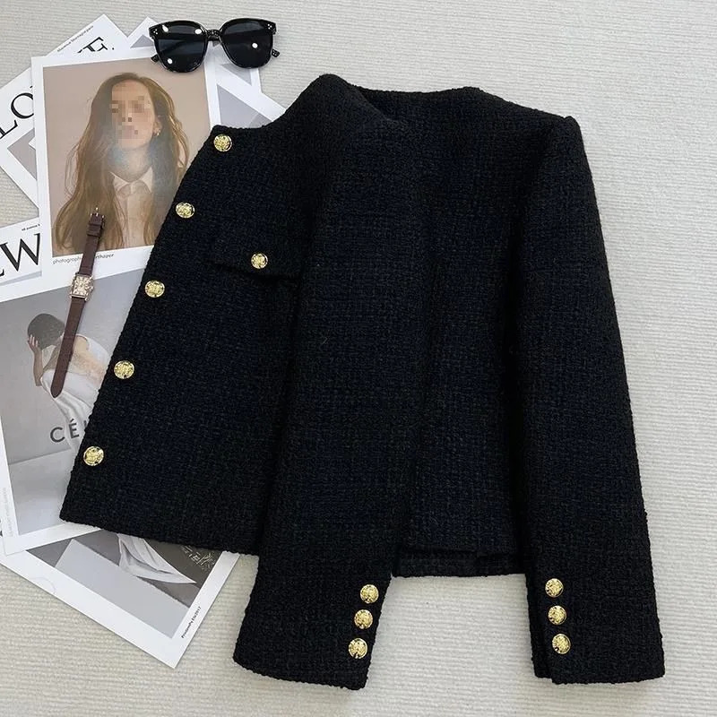 French Wool Tweed Coat Fashion High-end Gold Button Short Slim Temperament Spring and Autumn Korean Coats Women Jacket 260306