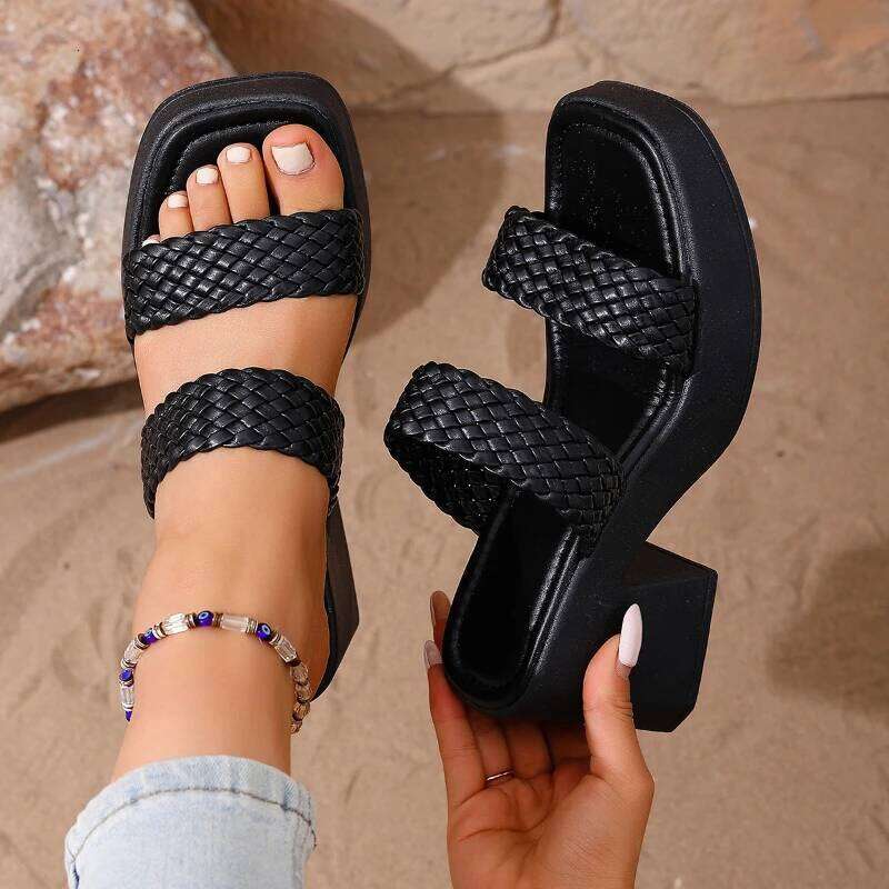 2026 Summer New Solid Color Simple High Sandals Fashion Open Toe Thick Slippers Casual Coarse Heel Women's Shoes