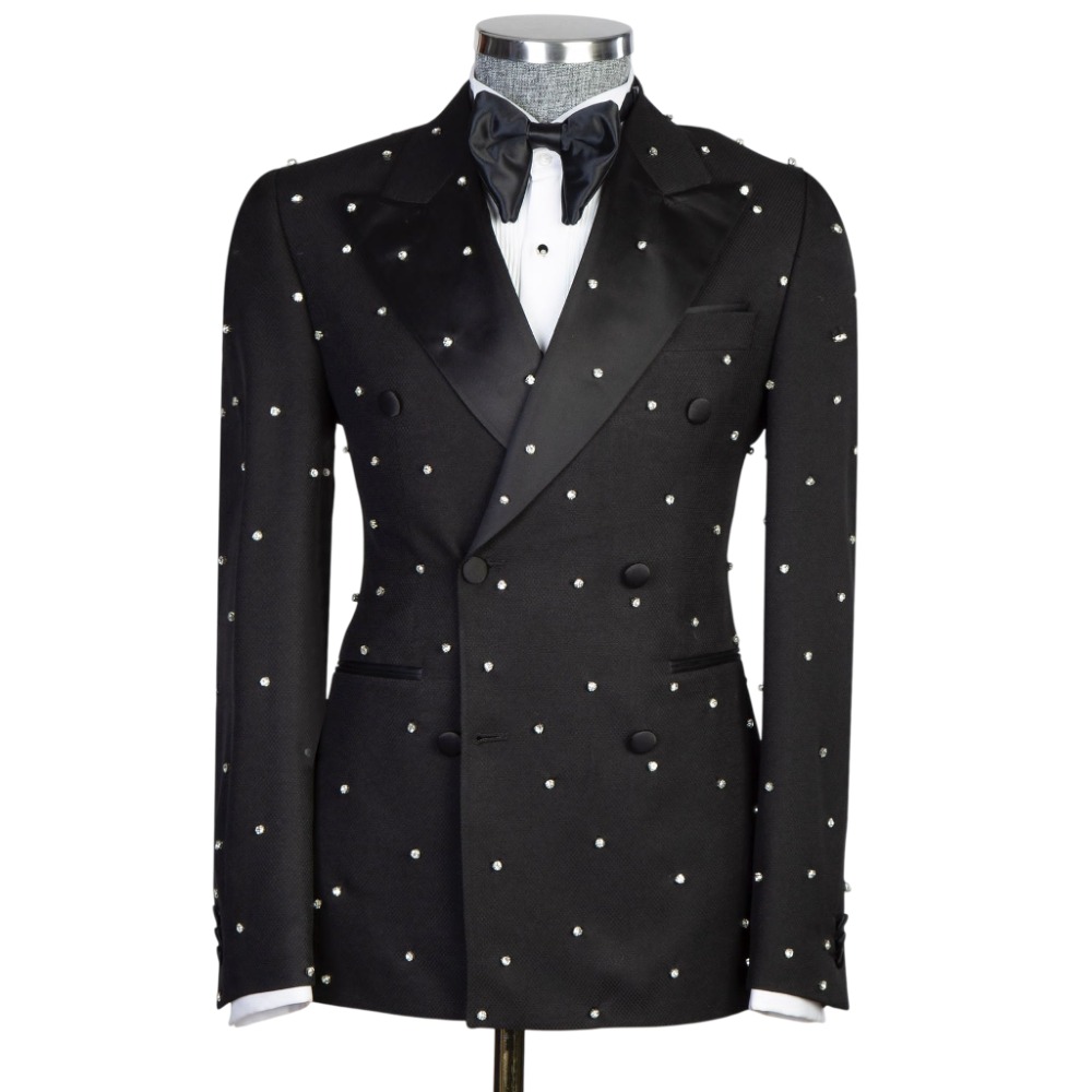 Modern Men Suits Crystal Peaked Lapel 2 Pieces Tailor-Made Rhinestone Jacket Blazer Double Breasted Groom Party Customized Coat Pants Plus Size