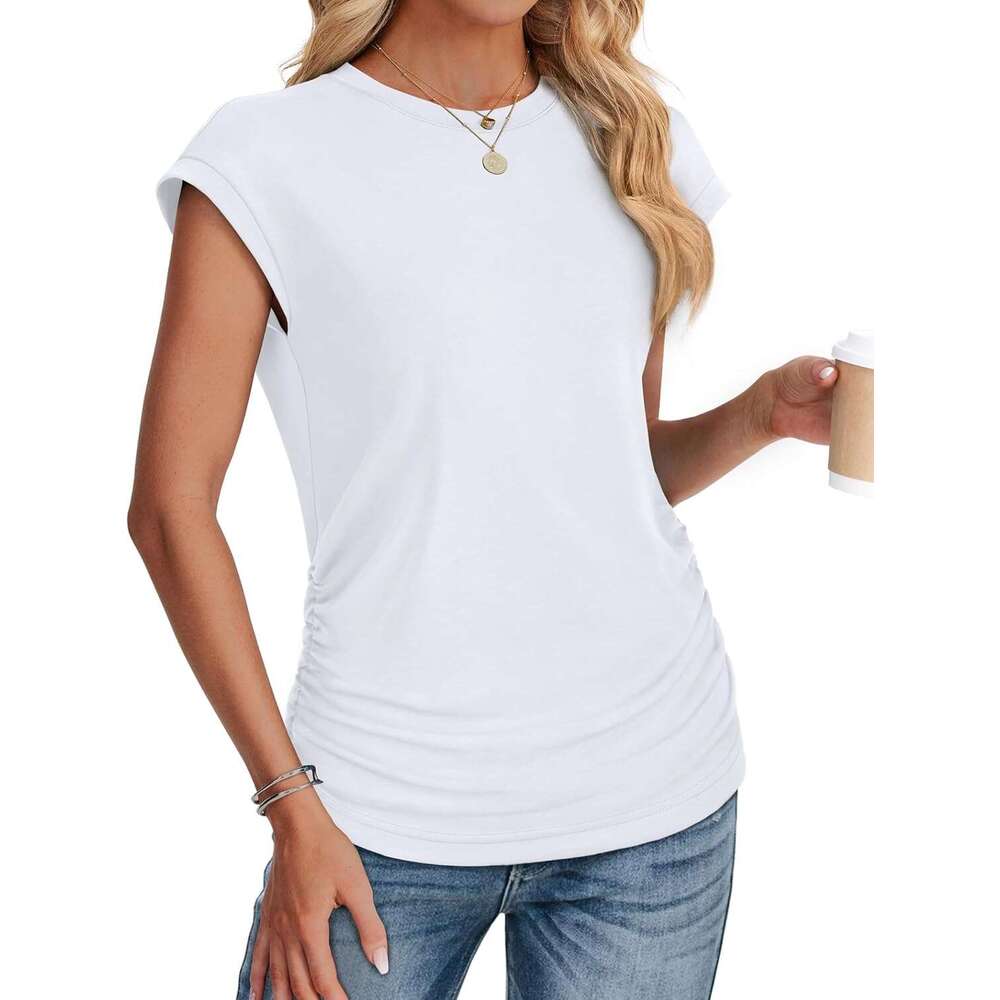 SAMPEEL Womens Summer Tops Trendy 2025 Ruched Cap Short Sleeve Tshirts Crew Neck T Designer Shirts Fashion