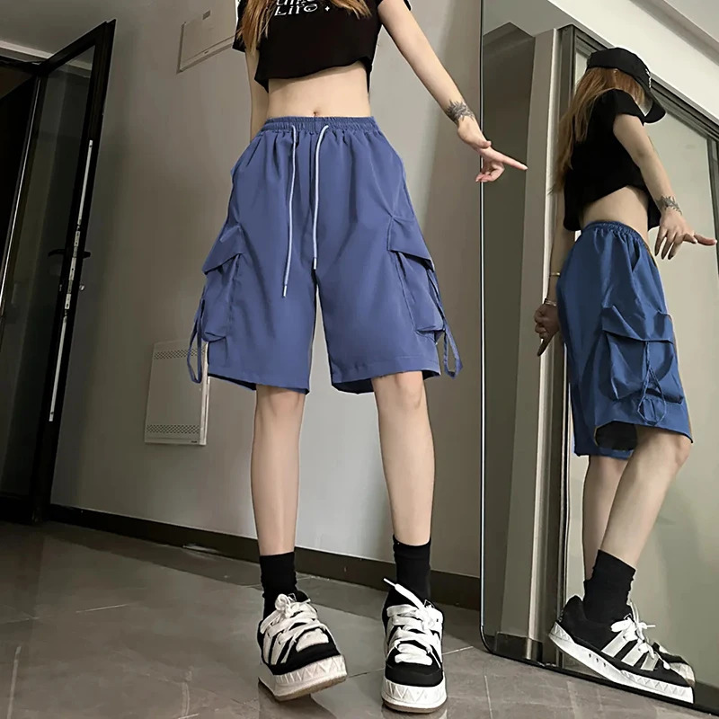 Gidyq Women High Waist Cargo Shorts American Style Streetwear Summer Wide Leg Pants Fashion Female Big Pocket Loose Shorts 260306