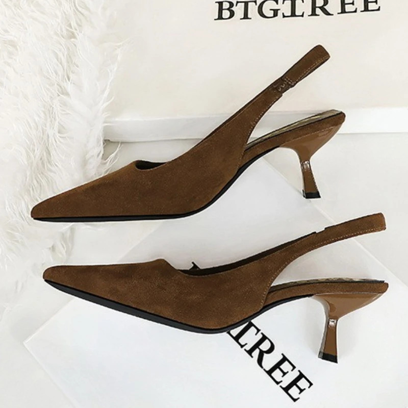 BIGTREE Shoes Suede Women Pumps Pointed Hollow Out High Heels 6 CM Summer Womens Sandals Occupation Office Shoes Kitten Heels 260303