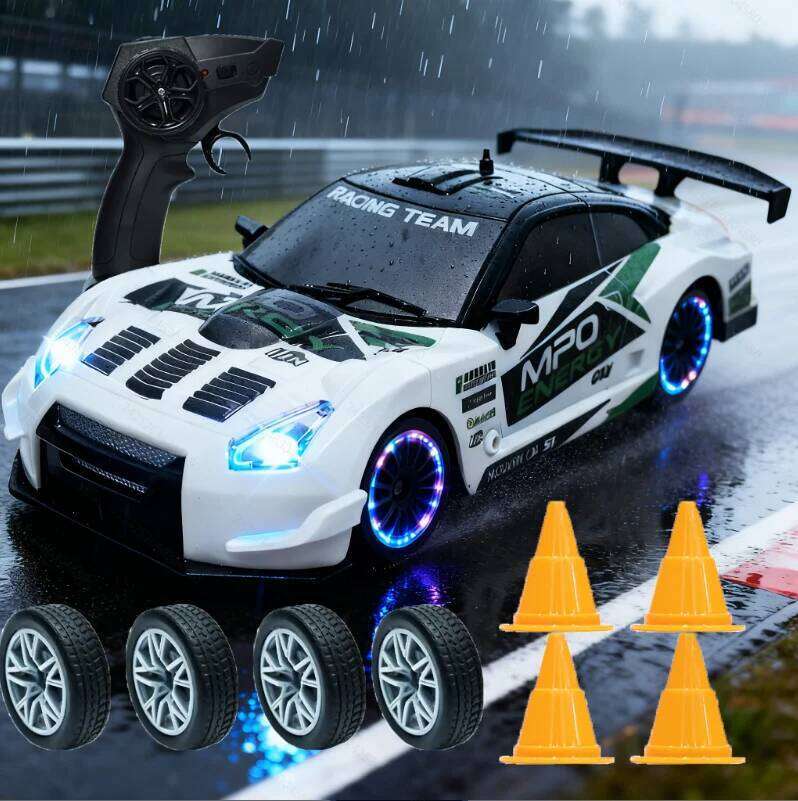 1:24 scale 4WD remote drift car 2.4GHz, with lights and spare tires, 2 rechargeable batteries, ideal gift for Christmas C260305