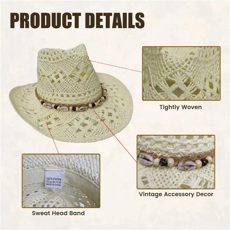 Summer Bohemian Shell Straw Hat Beach Women Men Cowboy Hats Wooden Beads Hollow Out Western Wide Brim Sun Hat Holiday Cap 260228