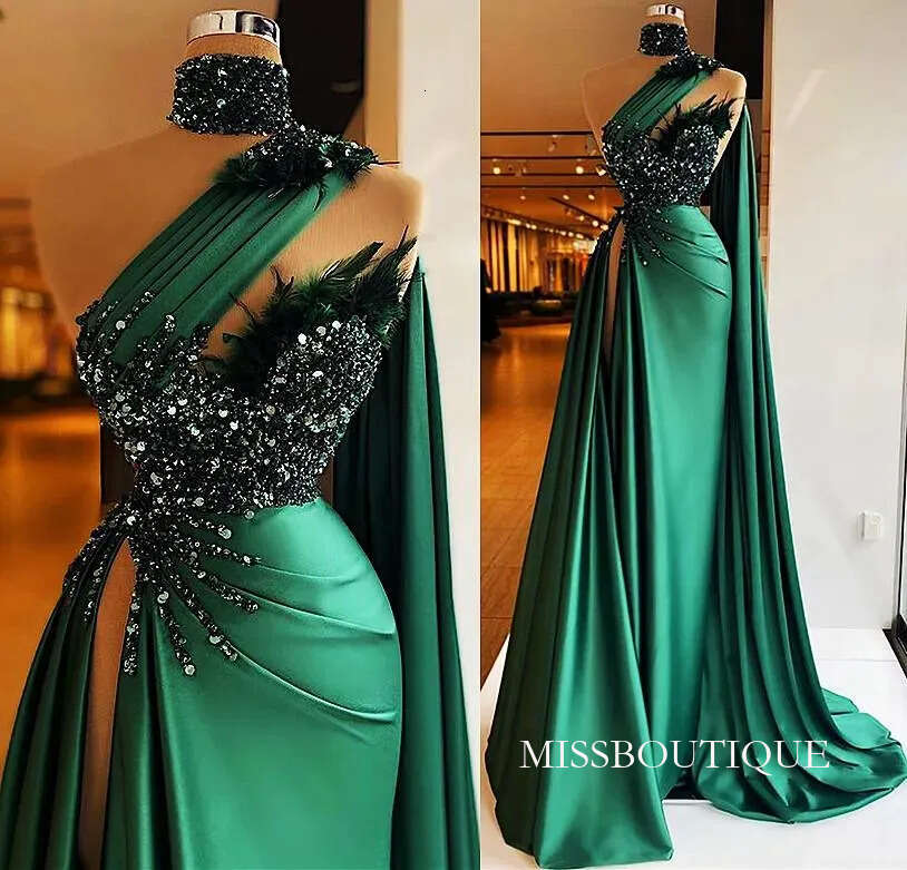 Sexy Hunter Green Satin Mermaid Prom Party Dresses One Shoulder High Neck Beaded Feather Plus Size Formal Evening Occasion Gowns D0306