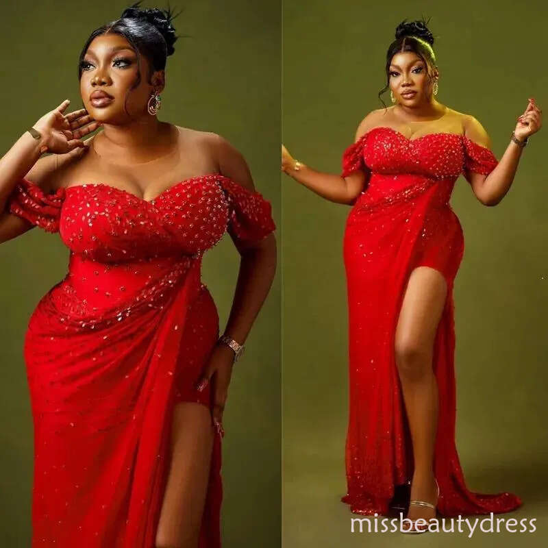 2026 Plus Size Red Dress Mermaid Prom Dresses Evening Formal Gowns Side Split Sexy Illusion Bead Lace Birthday Second Reception Gown For Black Women A