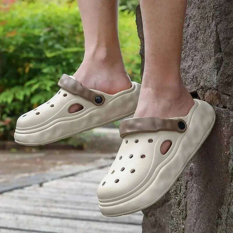 Men Summer Ultra-thick Bottom Outdoor Fashion Anti-slip Lazy Two-piece Beach Head Slippers Cartoon Pvc Material Sporty Style